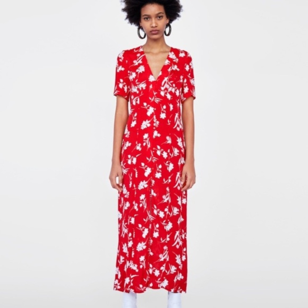 ZARA RED FLORAL PRINT MIDI DRESS
